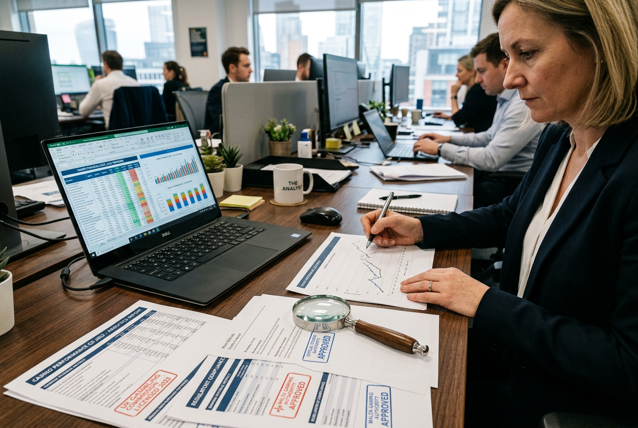 Biurko eksperta analizującego dane finansowe i certyfikaty bezpieczeństwa kasyn online