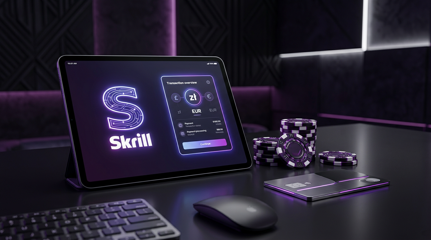 Digital representation of Skrill payment system and online casino elements