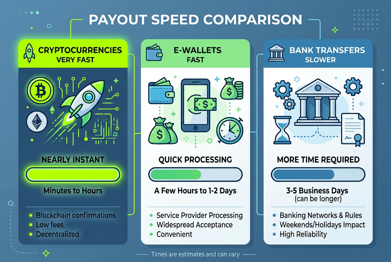 Infografika porównująca szybkość wypłat kryptowalut, e-portfeli i przelewów bankowych w nowoczesnym stylu.