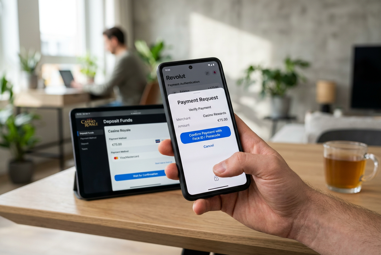 Smartphone z aplikacją Revolut oraz laptop pokazujący formularz depozytu w kasynie online