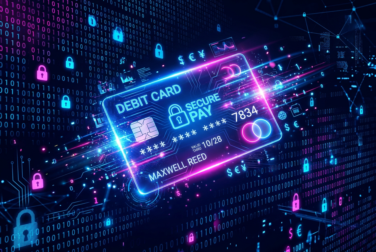 Abstrakcyjna wizualizacja bezpiecznej płatności wirtualną kartą Revolut